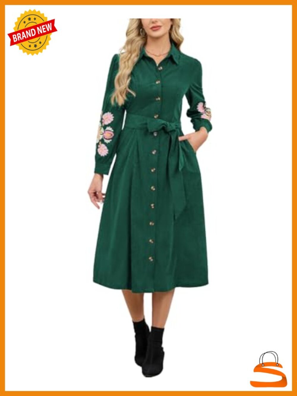 Corduroy Maxi Shirt Dress Long Sleeve Button Down Belted Embroidered